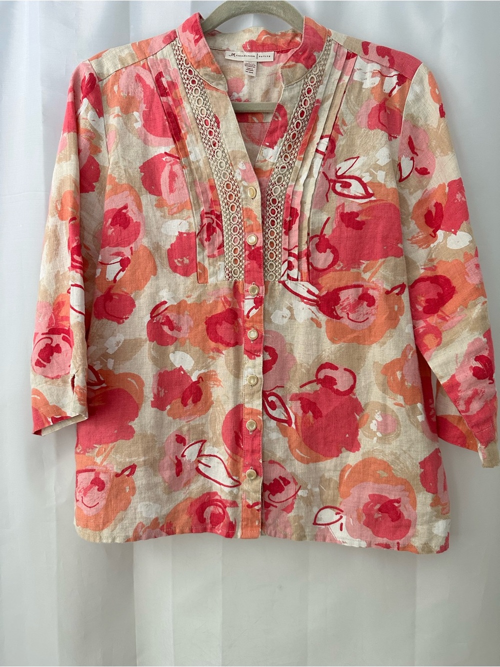 JM Collection Petite Linen Blouse 10P Coral Floral Crochet Trim Boho
